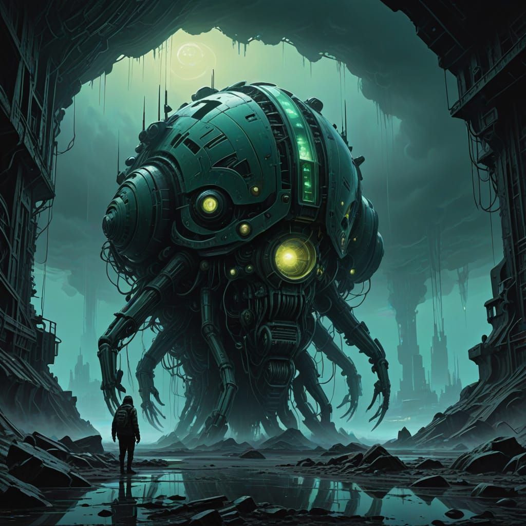 Biomechanical Ship in Dystopian Fog