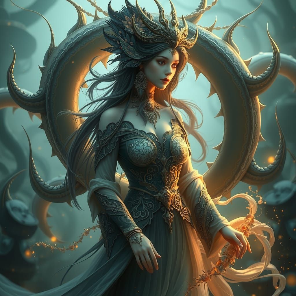 Mystical Nine-Tailed Woman in Ethereal Landscape