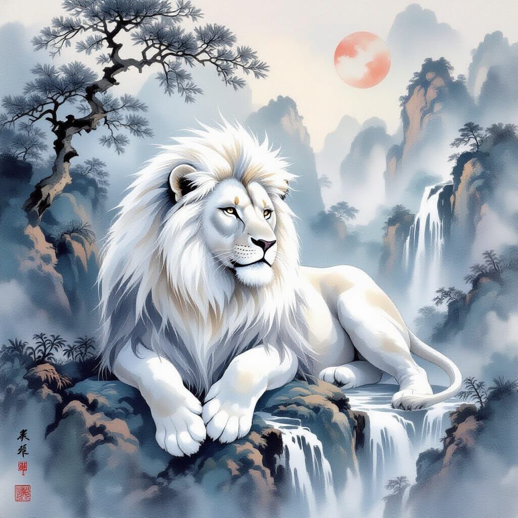 White Lion Celestial Ink Painting with Waterfalls