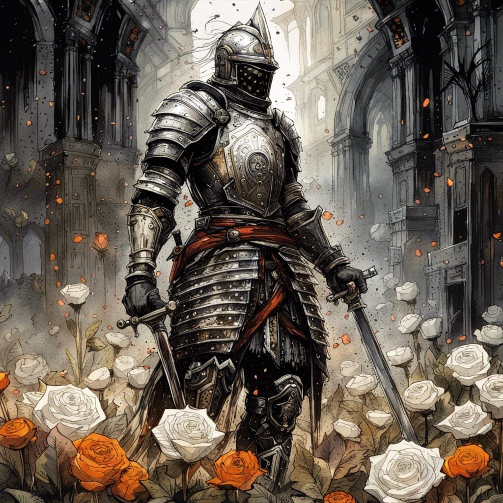Gothic Knight in Rose Field: Dark Fantasy Art