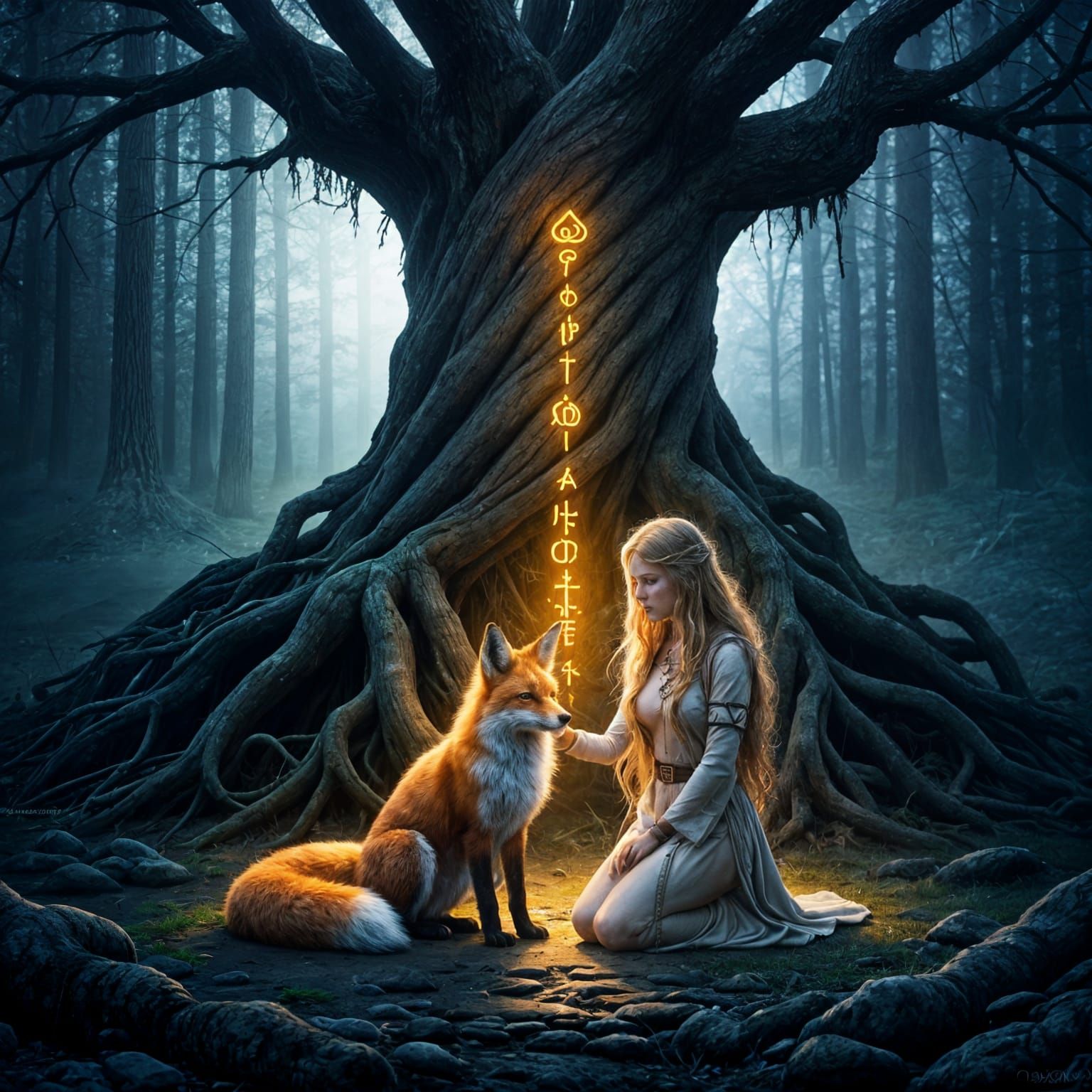 Goddess Freya and Majestic Red Fox in Ancient Sacred Tree Gl...