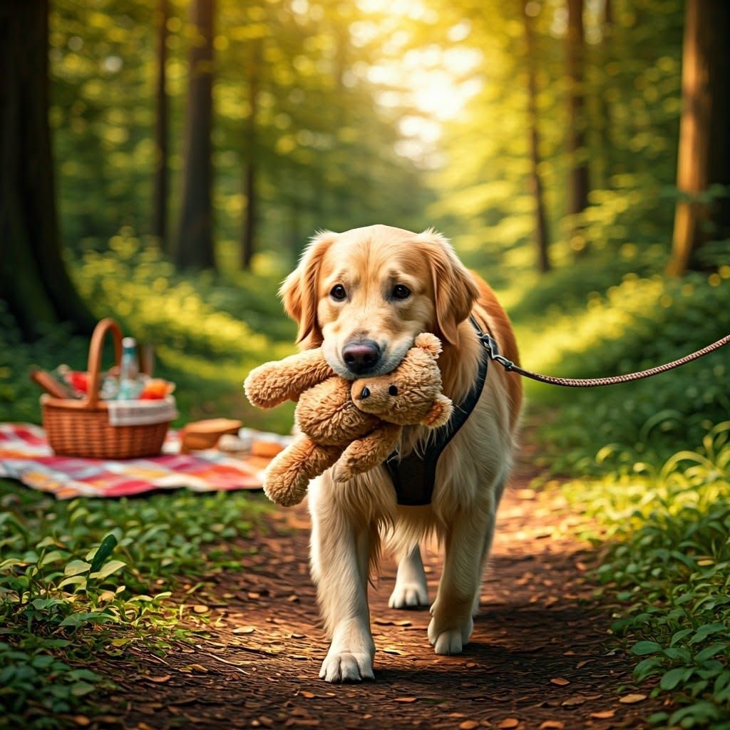 Golden Retriever with Teddy Bear in Woodland