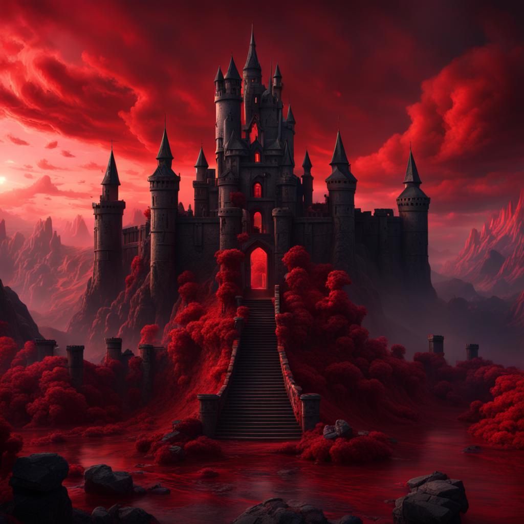 Black Marble Castle Twisting into Blood Red Sky