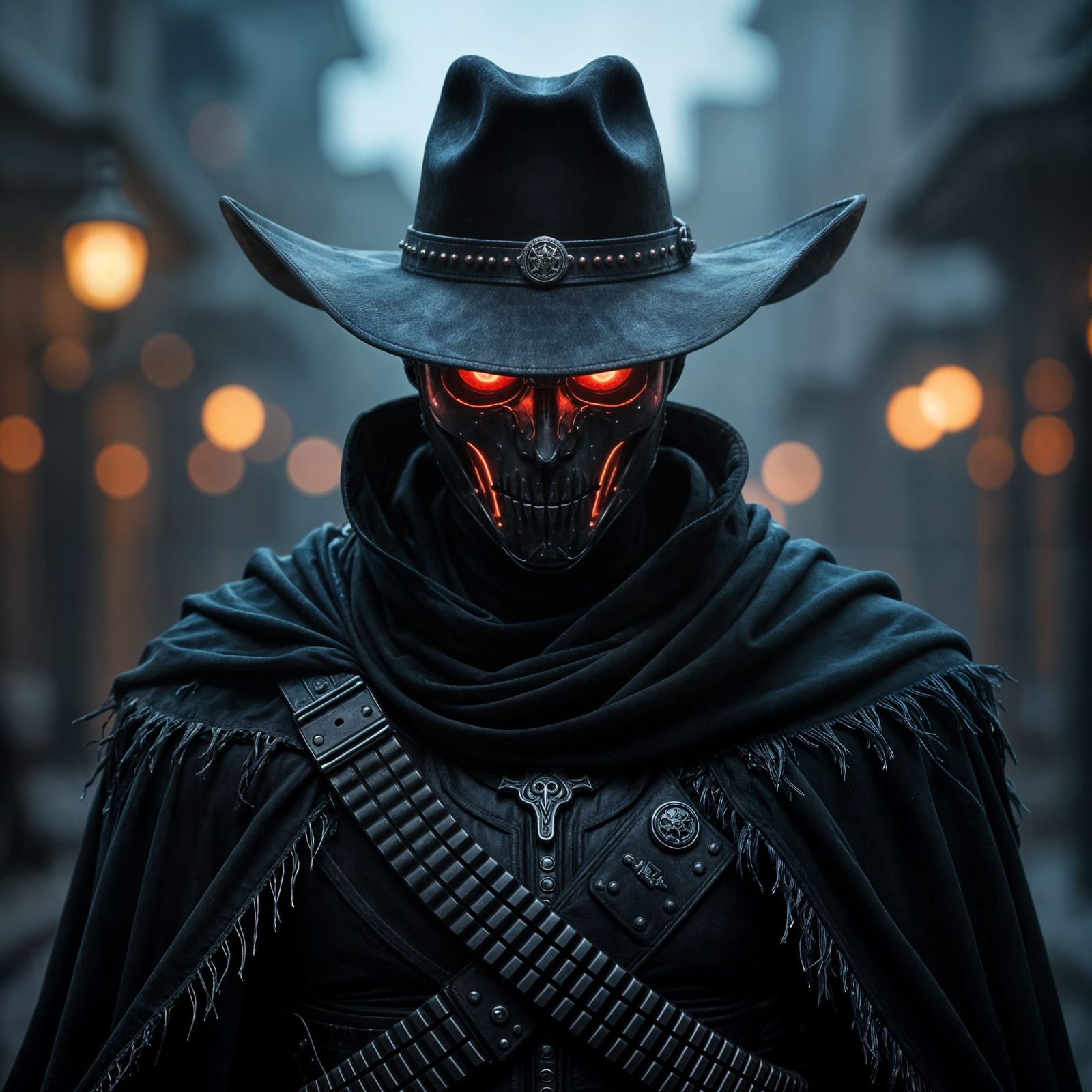 Phantom Cowboy with Glowing Red Eyes in Dramatic Studio Ligh...