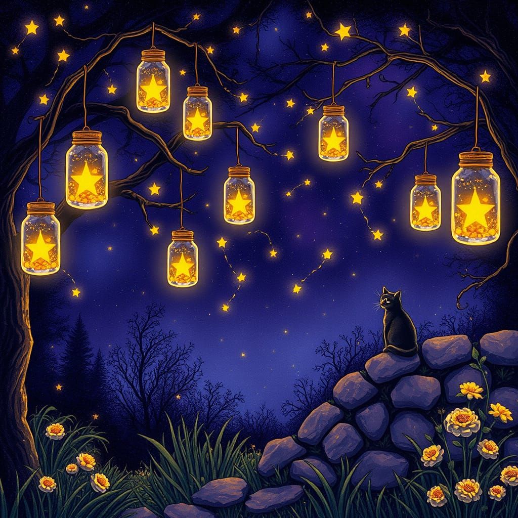 Night Garden with Star Jars, Whimsical Storybook Art