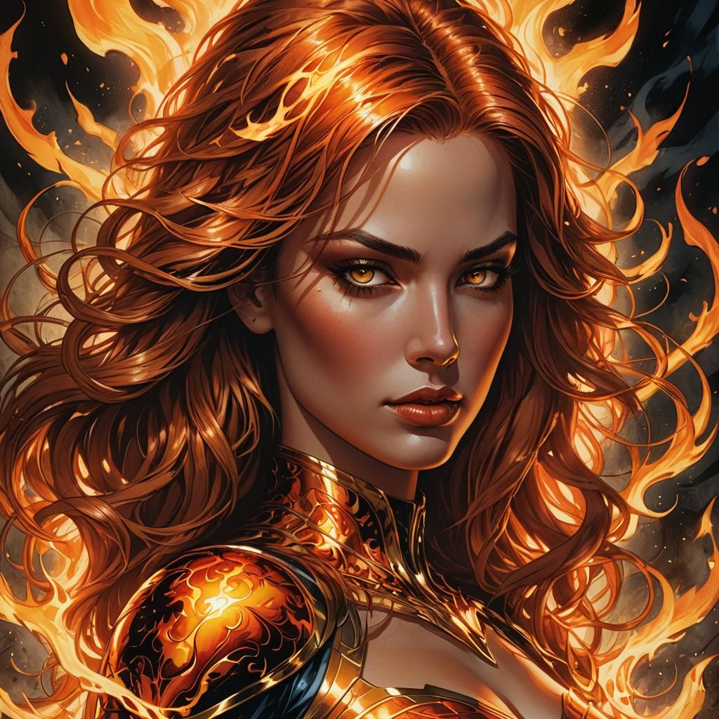 Fiery Glamour: Hyper-Realistic Comic Book Art Portrait