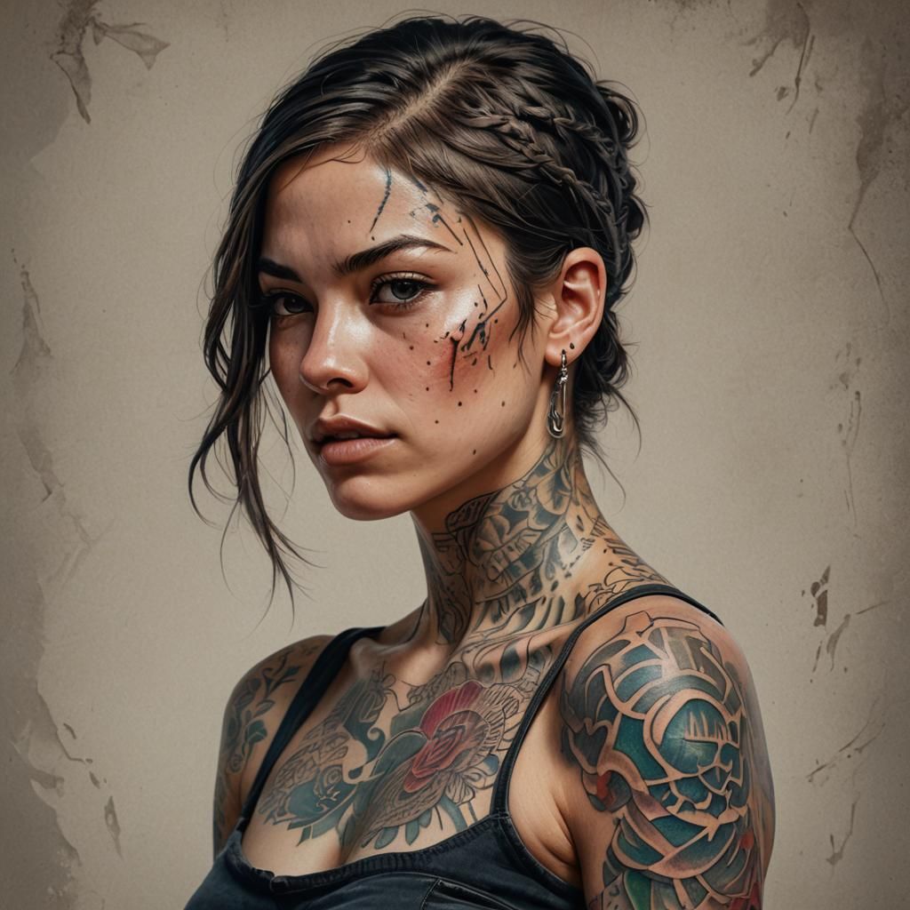 Woman with Tattoos in Hyperrealistic Splash Art