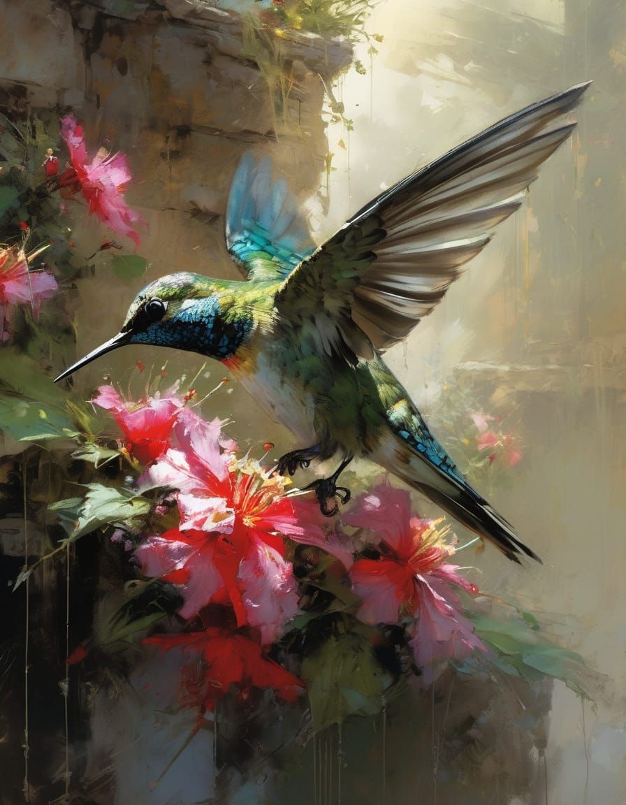 Hummingbird Feeds: Detailed Matte Painting with Textures