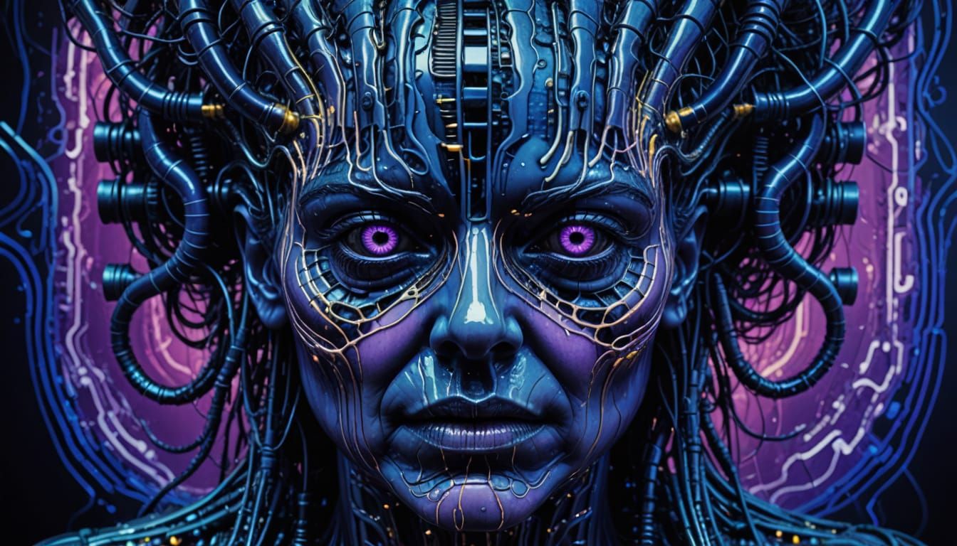 Surrealistic Anguished Face in Neon Dystopia