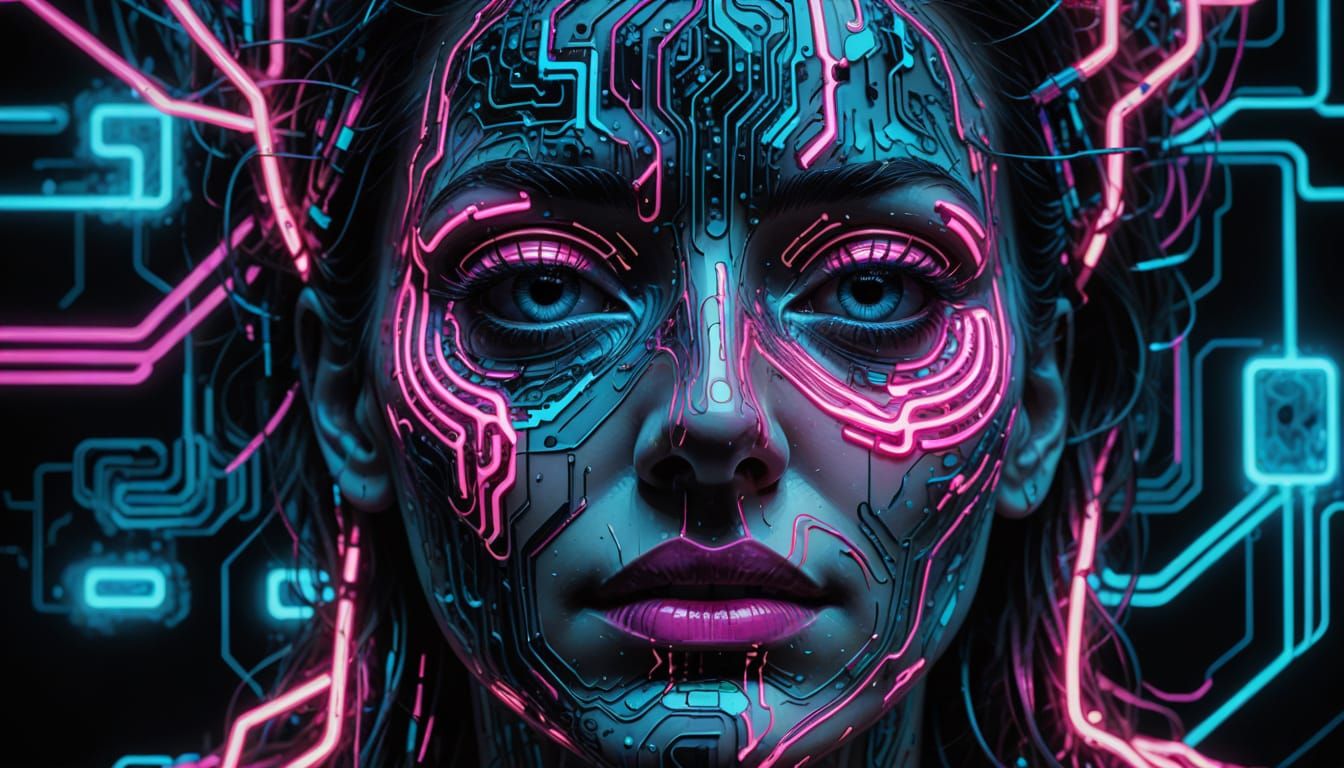 Surreal Cybernetic Portrait with Glowing Neon Circuits