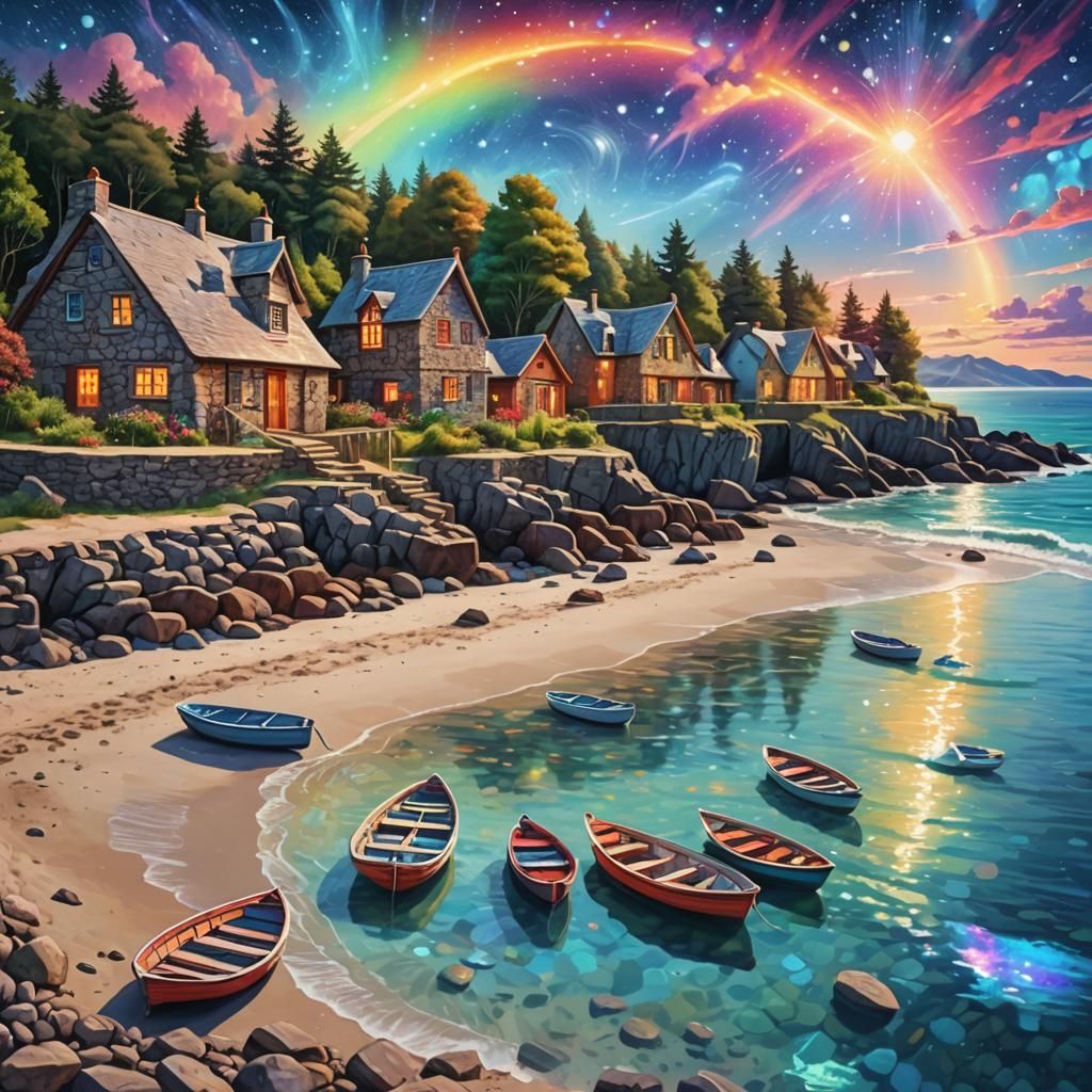 Stone Cottages on Beach: Cosmic Mixed Media Art