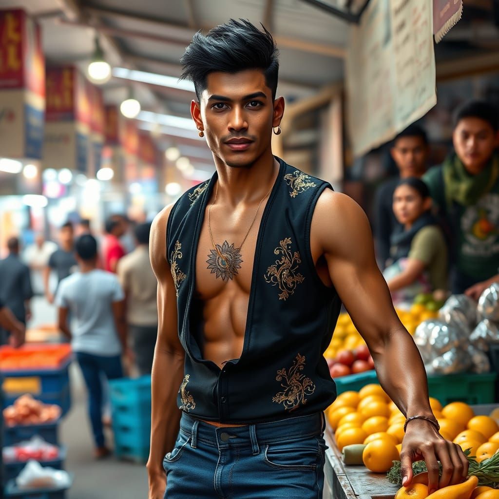 Athletic Man at Open Air Market, 3D Render