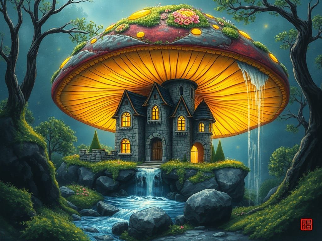 Glowing Mushroom Castle in Alien Forest, Chinese Ink Style