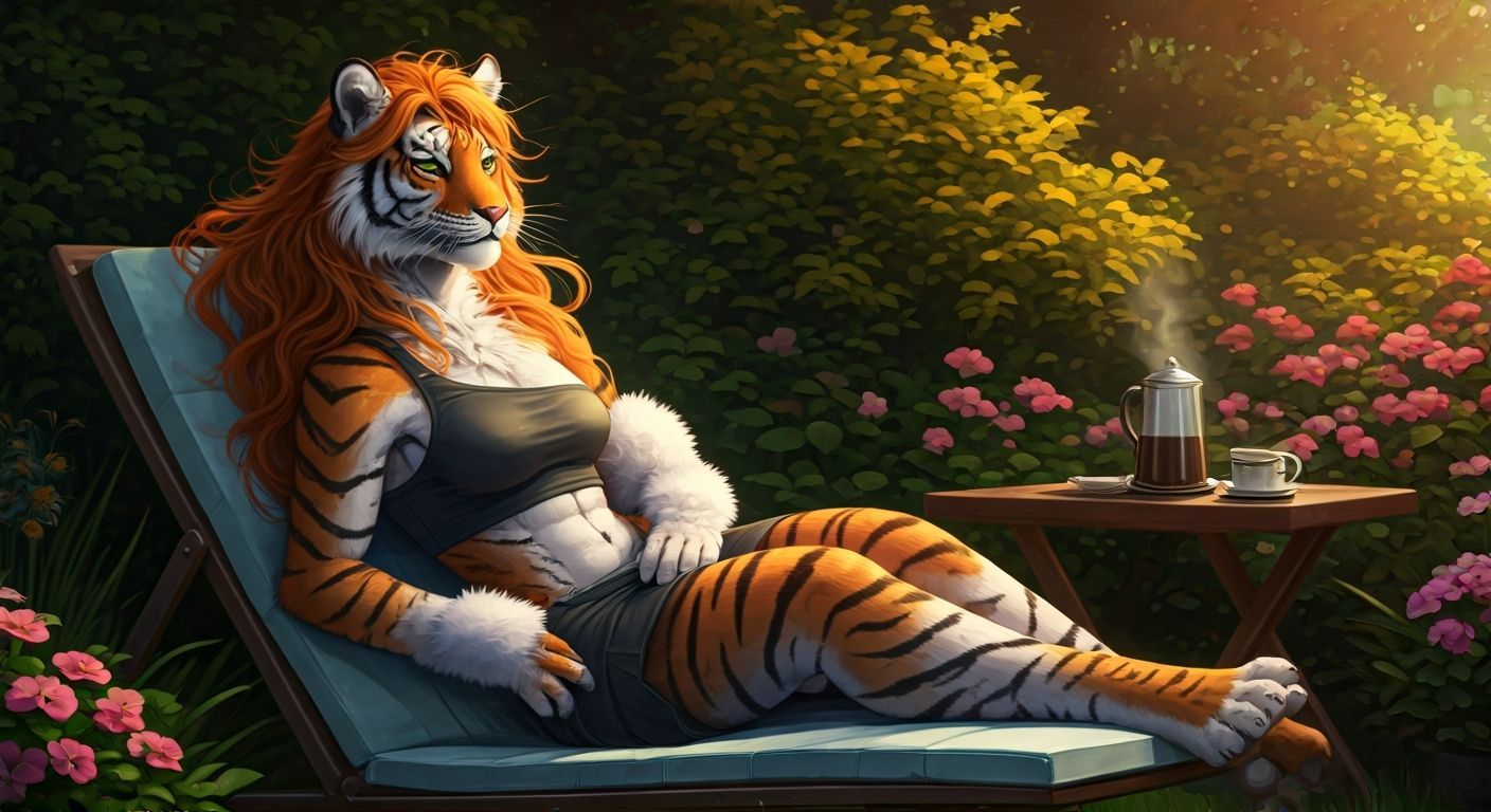 Anthropomorphic Tigress Lounging in a Lush Garden