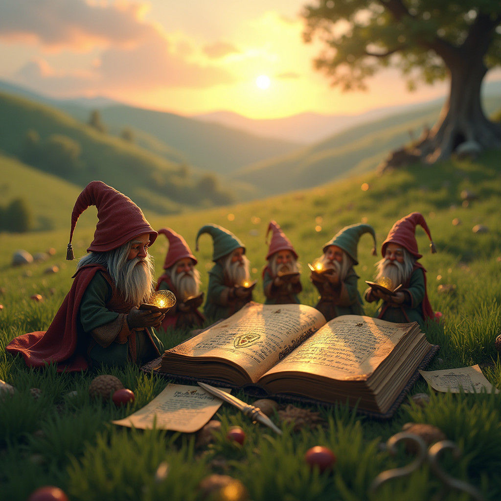 Dwarfs Reading Grimoire in Lush Field: Fantasy Art