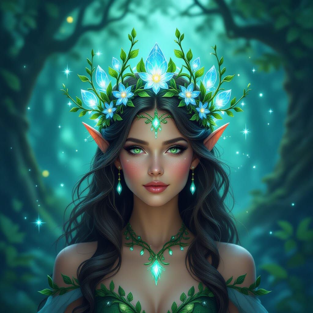 Radiant Fae Forest Queen in Bioluminescent Woodland