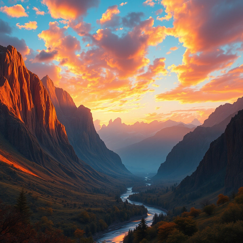 Majestic Mountains and River at Sunset
