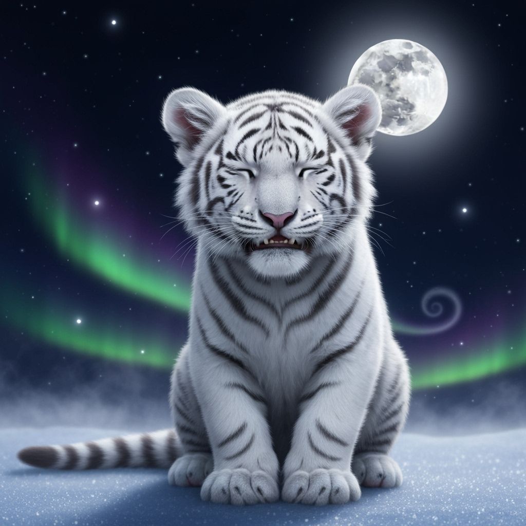 Ethereal White Tiger Cub Under Full Moon