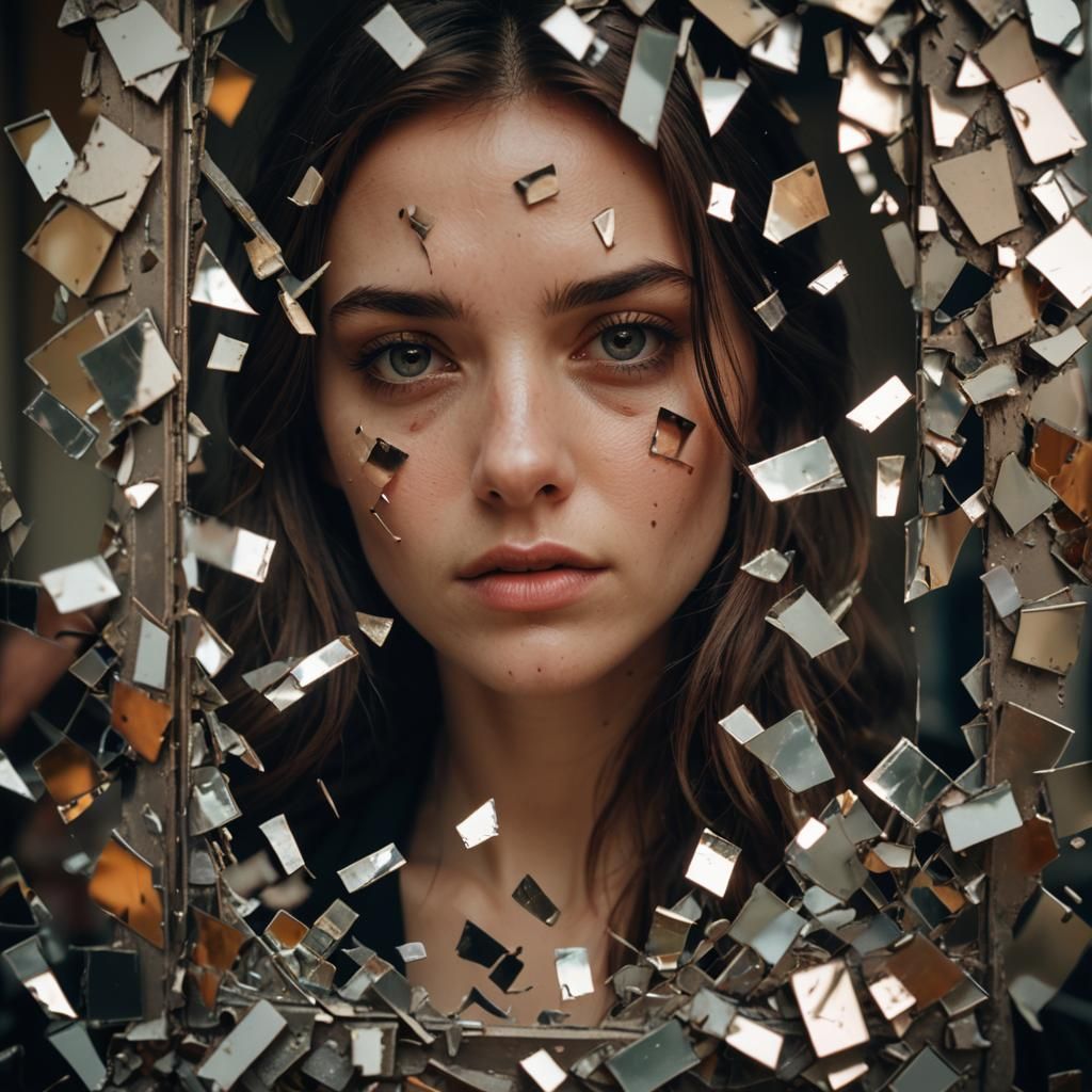 Fragmented Reflection: Girl in Broken Mirror