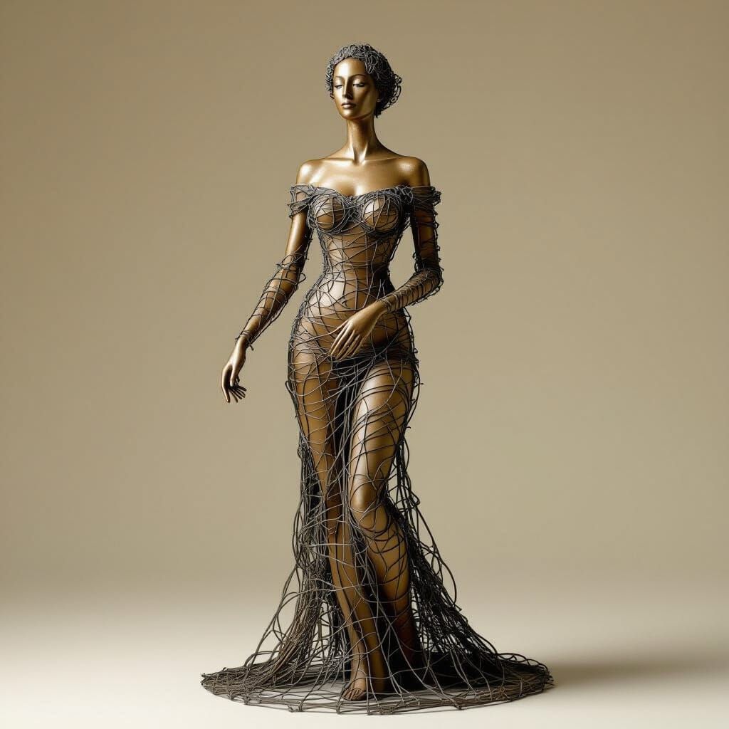 Intricate Wire Sculpture of Woman in Flowing Gown