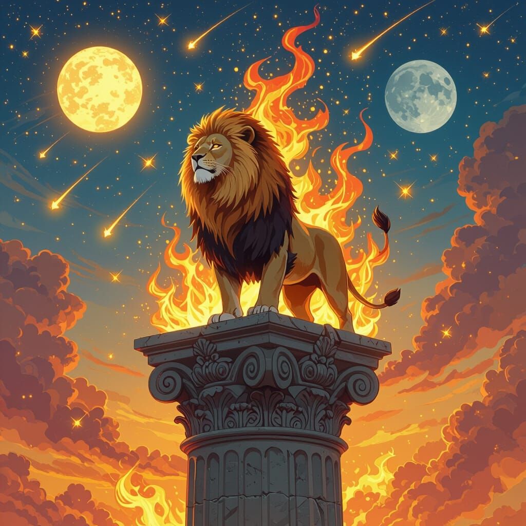 Lion King on Fire Column in Painterly Style