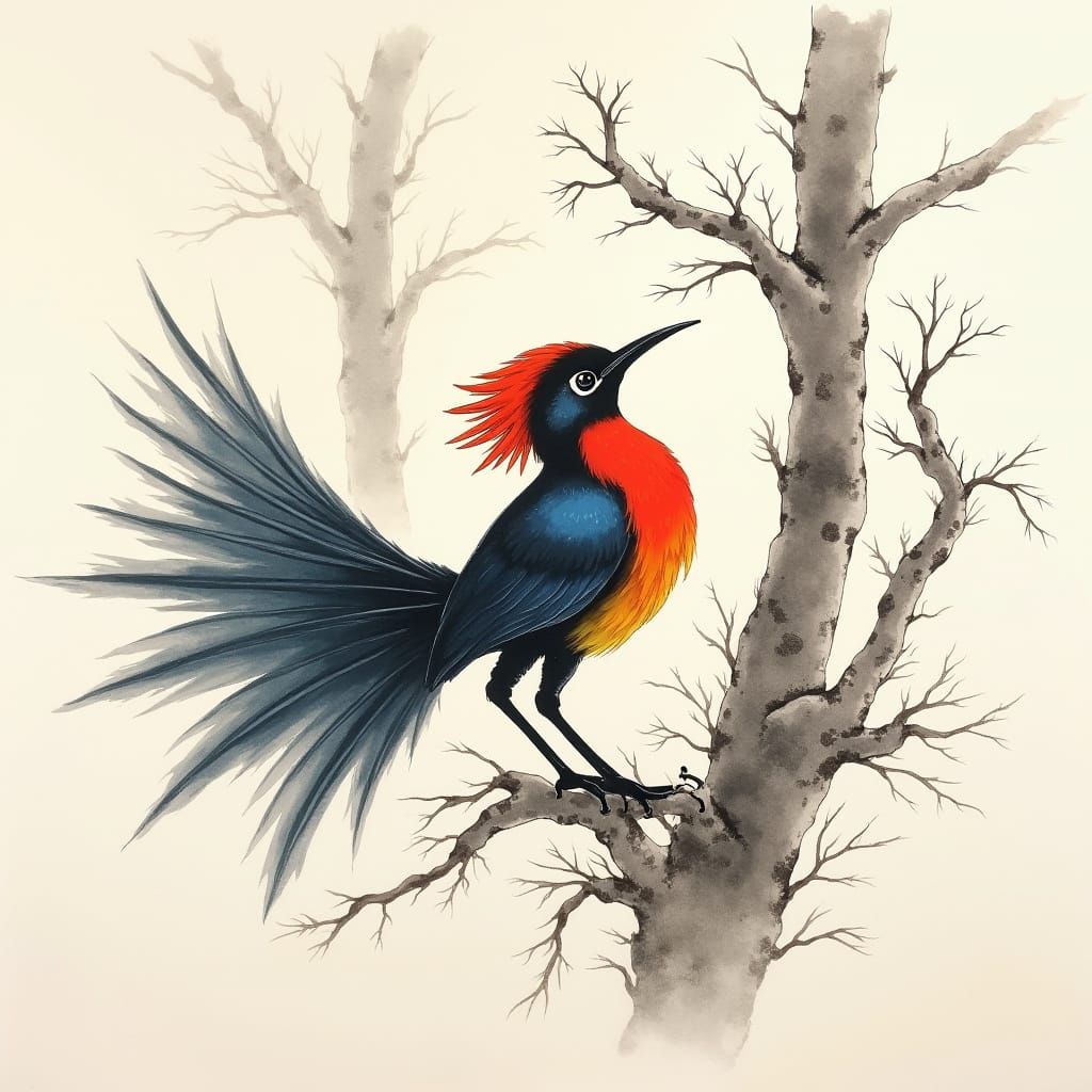 Lyrebird Song in Japanese Ink Wash Style