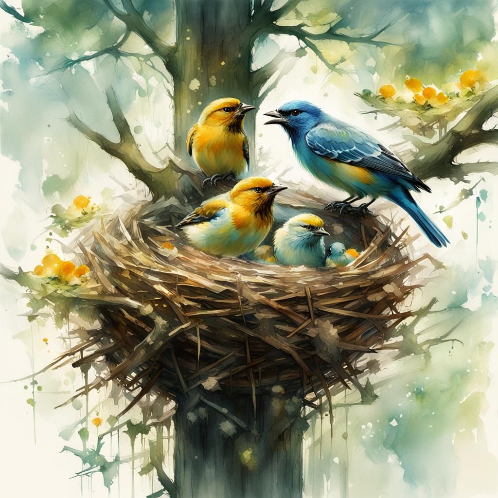 Parent Bird Feeds Fledglings: Stylized Watercolor Illustrati...