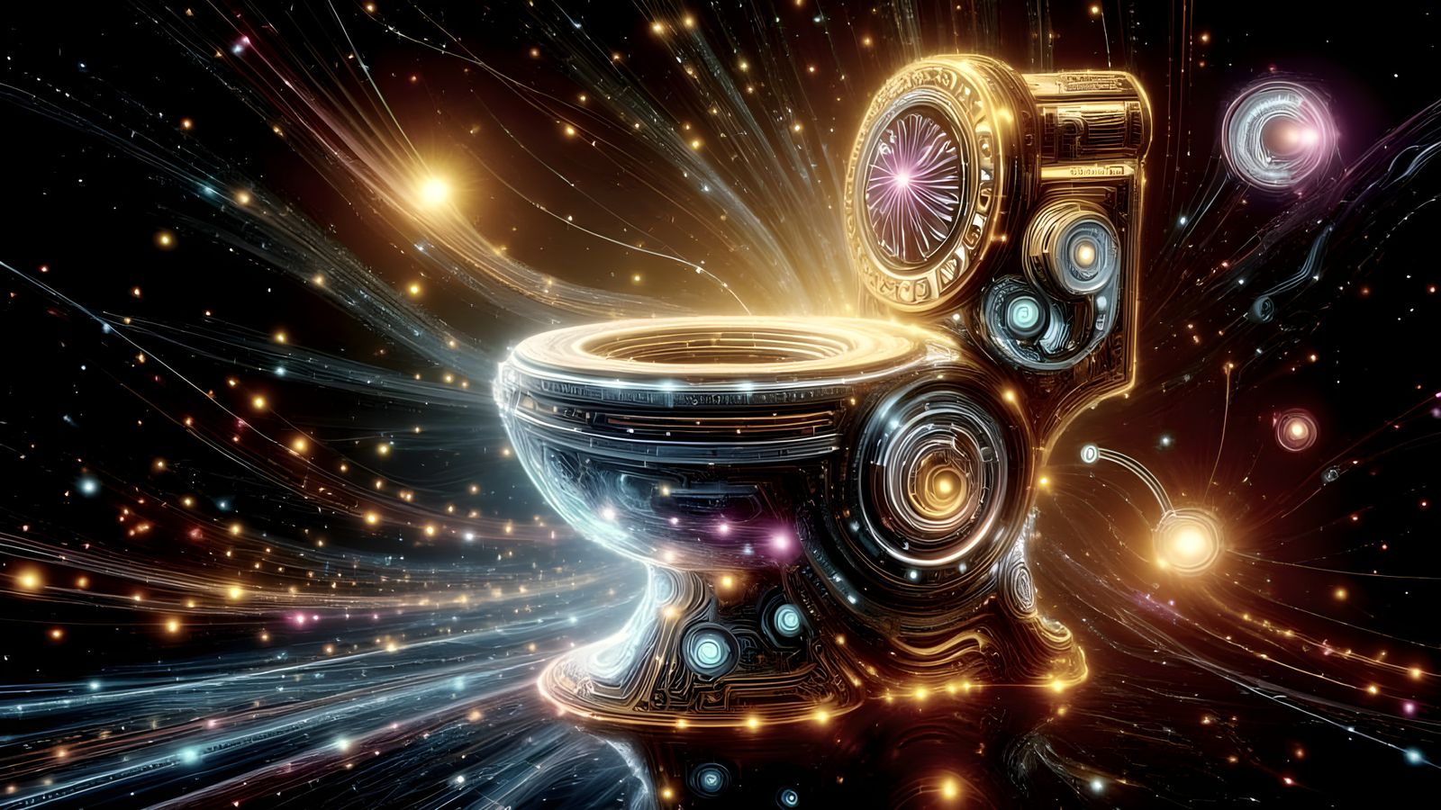 Rococo Opulence: Glittering Gold Toilet in a Cyberpunk Bathr...