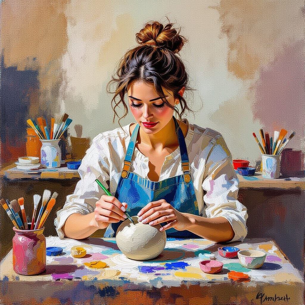 Woman Sculpting Clay in Expressive Gouache Style