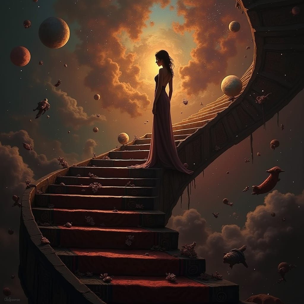 Elegant Woman on Staircase to Abstract Sky