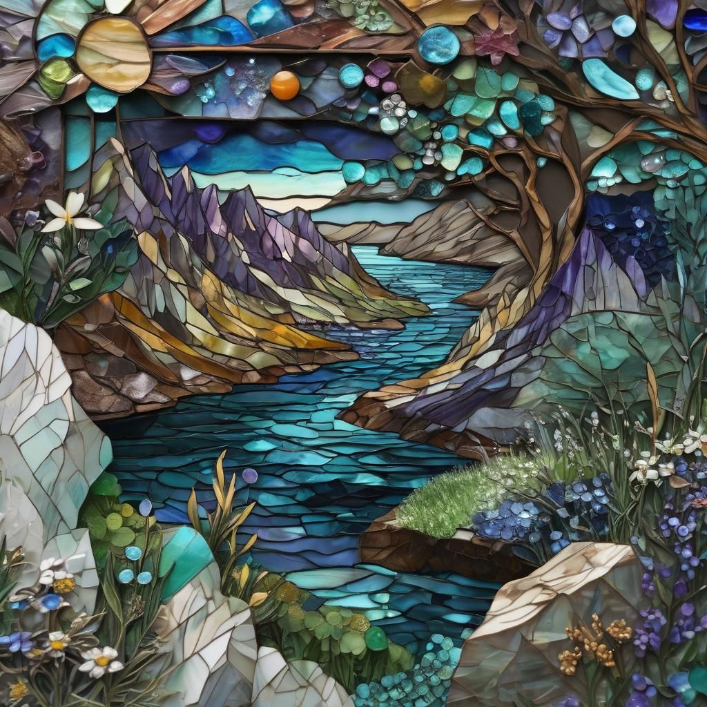 Stained Glass Mosaic Landscape with Gemstone Cliffs