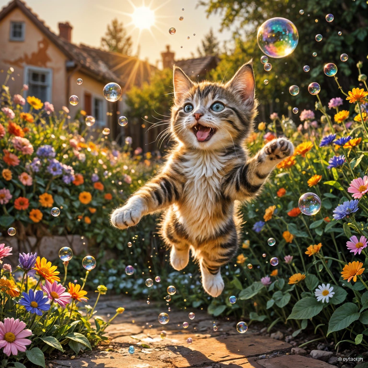 Happy Kitten Leaping for Bubbles in Fauvism Style