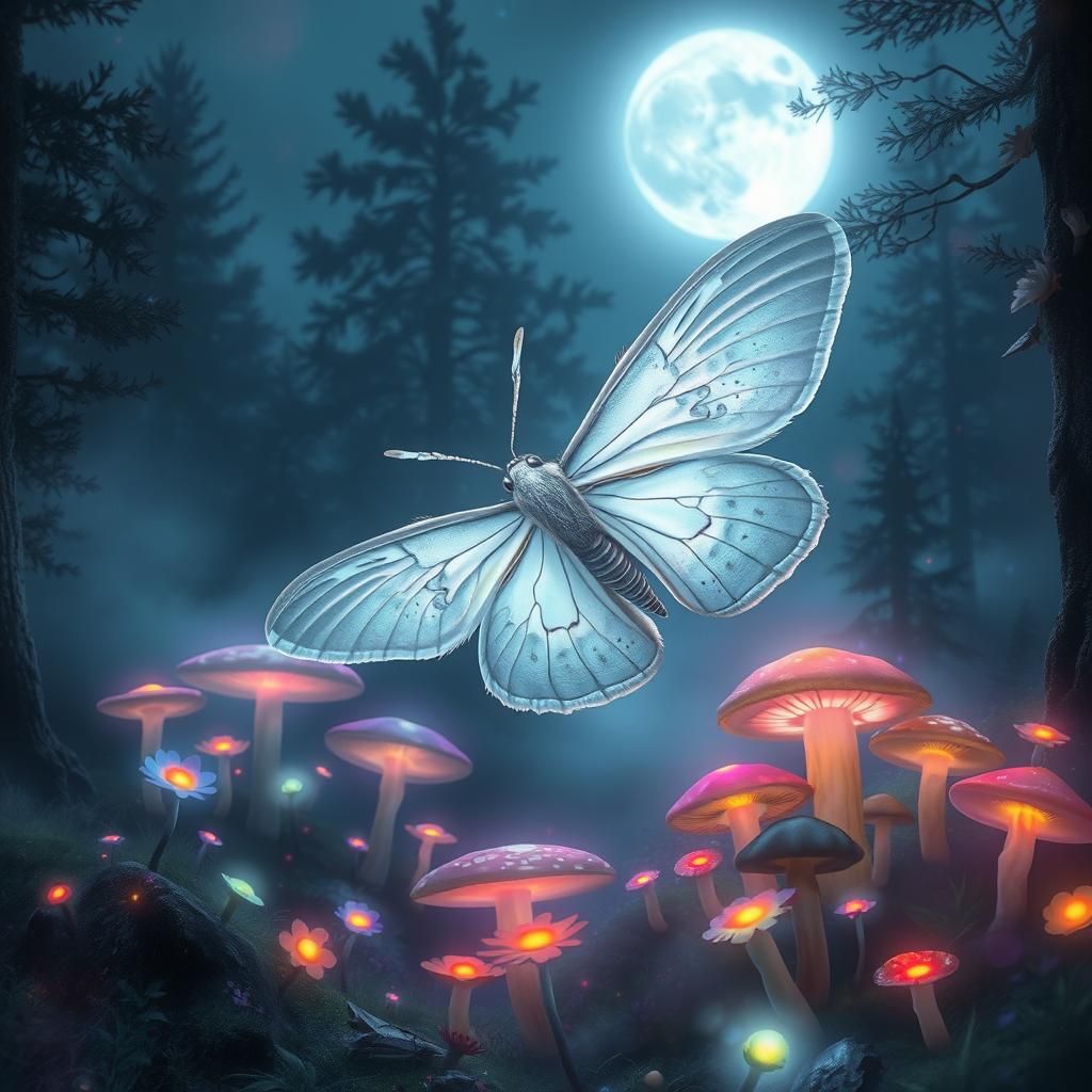 Mystical Moth in Surreal Moonlit Forest