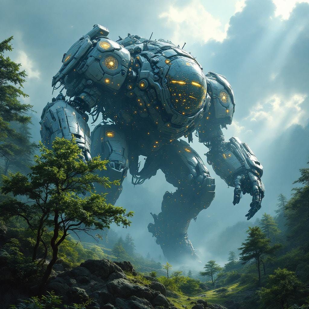 Colossal Nanite Battle-Mech in Lush Forest