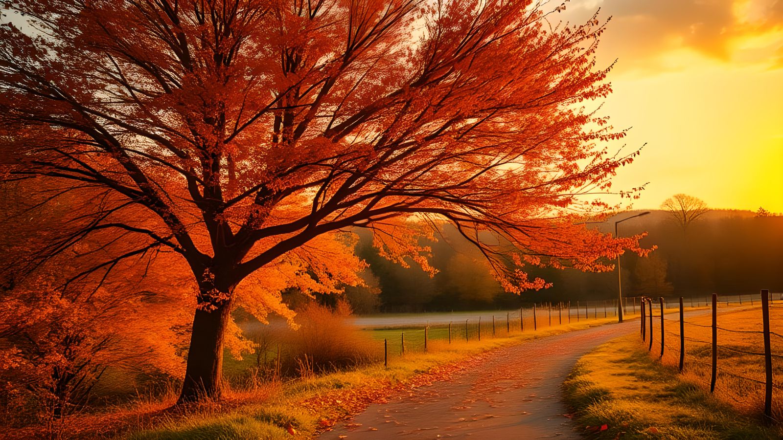 Autumn Tree in Wind with Golden Light