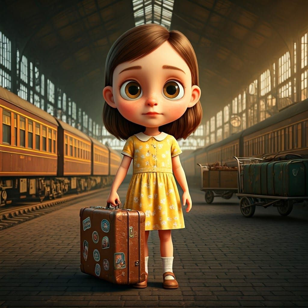 Innocent Girl at 1940s Train Station in 3D Style
