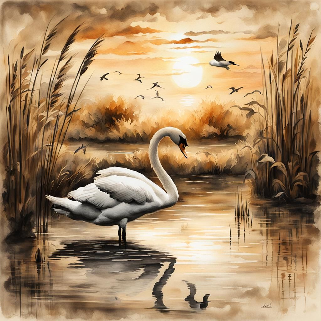 Ink Wash. The Swan Lake