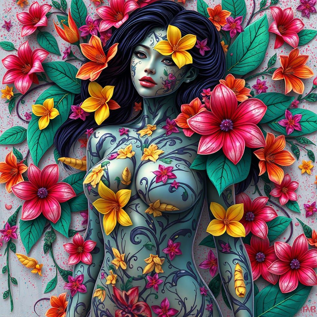 Polychromatic Woman Adorned with Native Flowers as Digital A...