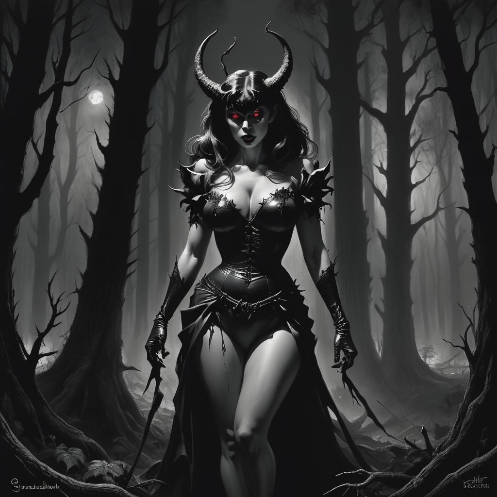Demonic Pinup in Dark Forest, Horror Art