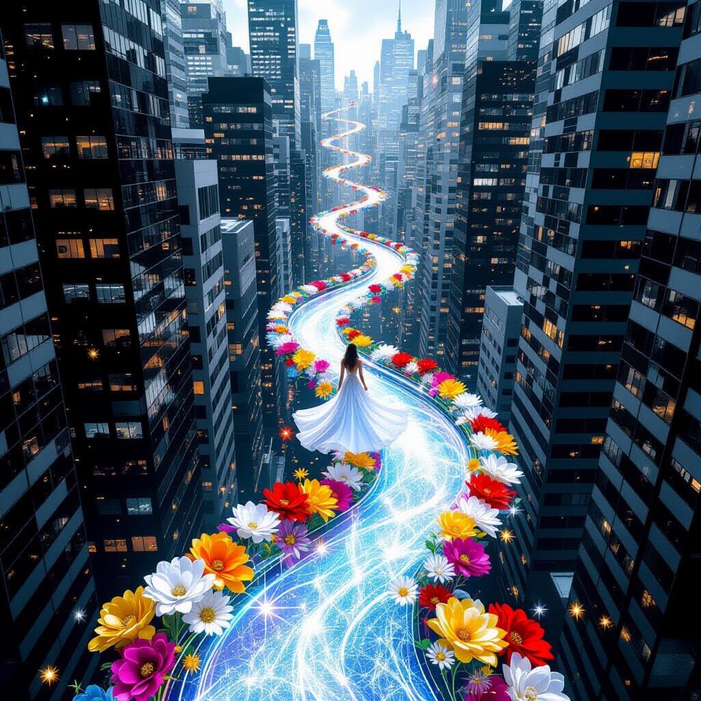 Cityscape with Floral Fairy in Dreamy Futuristic Style