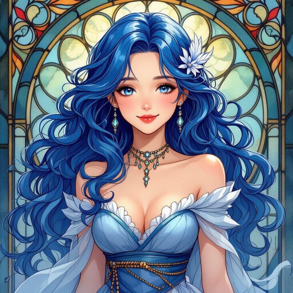 Elegant Water Nymph in Anime Art Nouveau Style