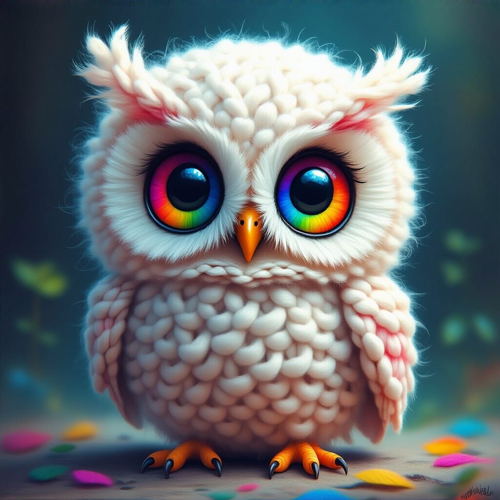 Adorable Tiny Knitted Owl Portrait Painting