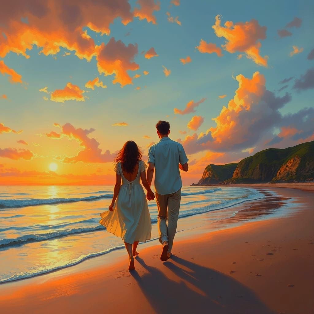 Romantic Couple Walking on Beach at Sunset