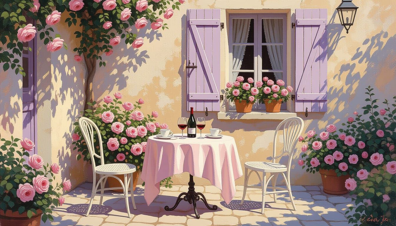 Romantic French Courtyard Scene as Oil Painting