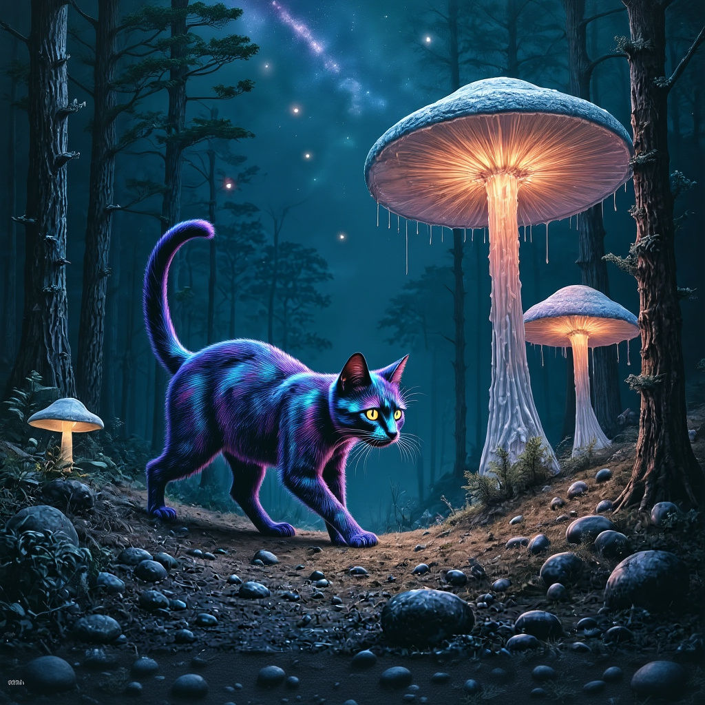 Black Cat in Cosmic Bioluminescent Forest
