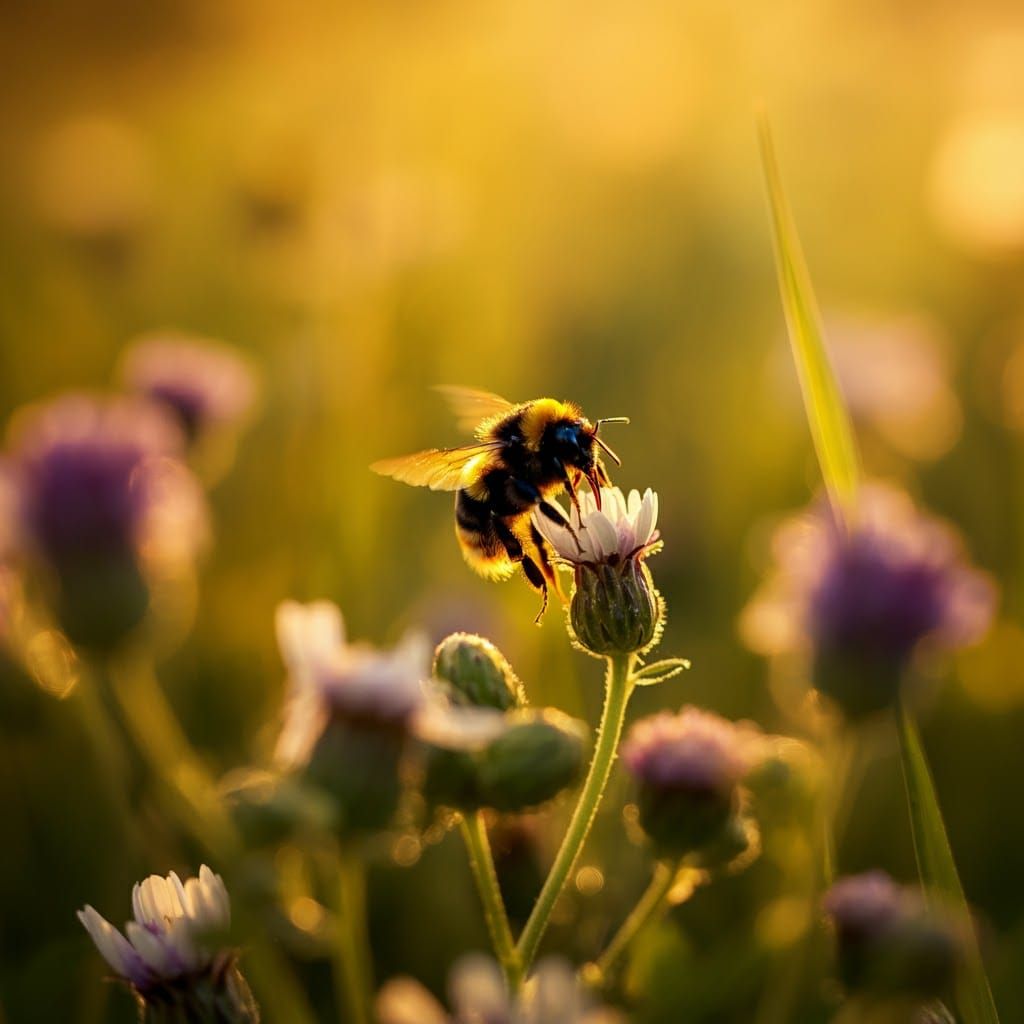 Bumblebee Landing on Wildflower in Golden Light