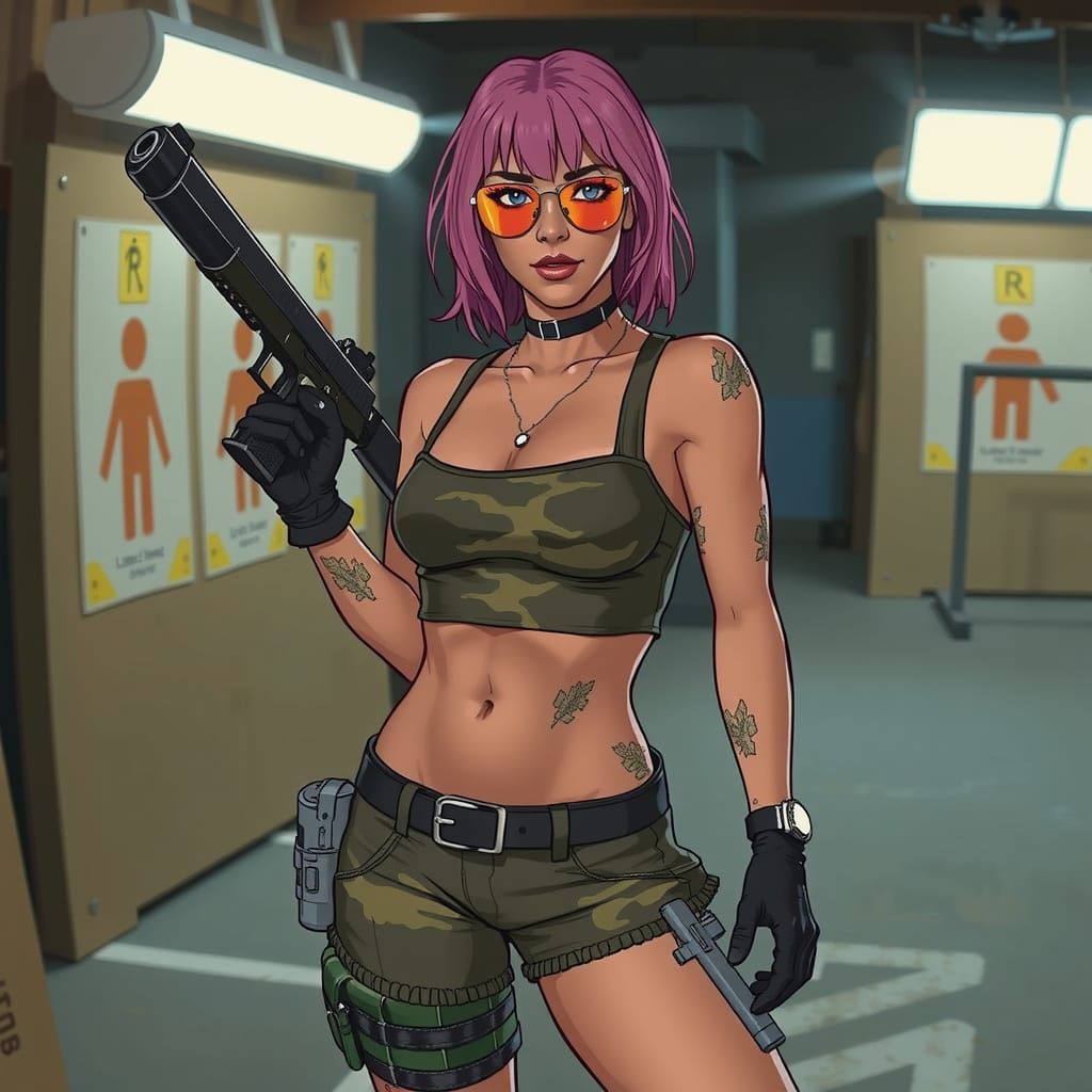 Camo Lara Croft with Desert Eagle, Comic Book Art