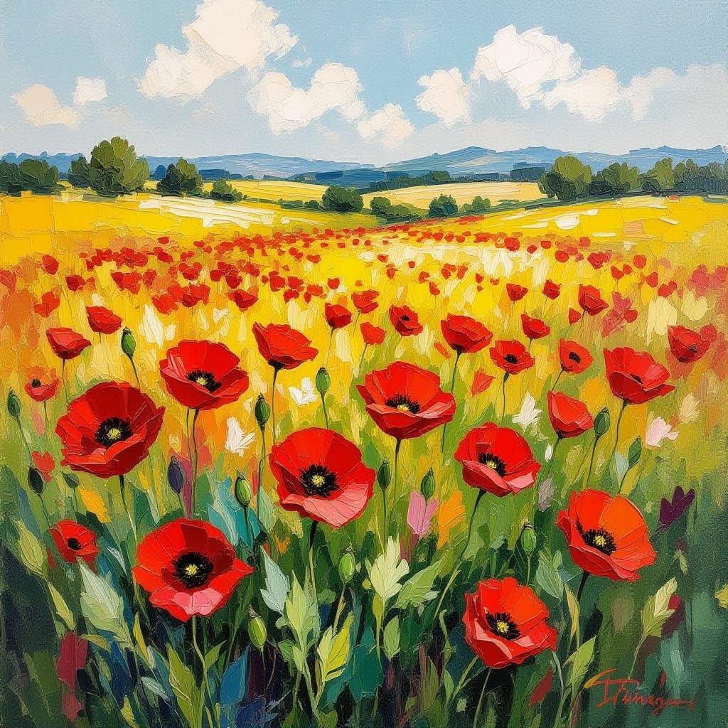 Vibrant Poppies in Sun-Drenched Field as Impressionist Maste...