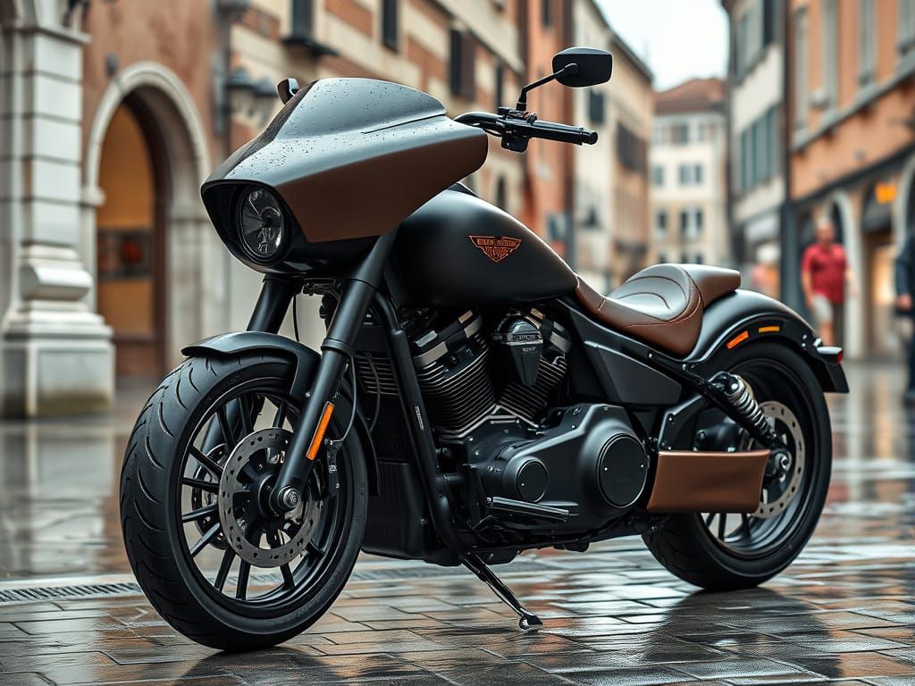 Futuristic Harley Davidson Motorcycle in Venice After Rain