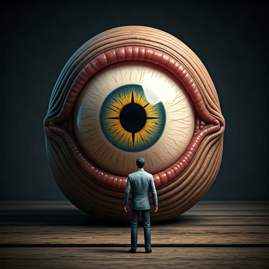 Cyclops and Miniature Man in Dark Fantasy Style